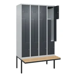 Z-Spind Classic PLUS Sitzbank, 4 Abteile, lichtgrau / grau, B 1200 mm, Zylinderschloss, auskragend, Buche-Hartholz C+P