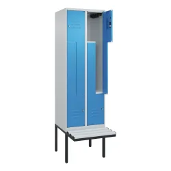 C+P Z-Spind Classic PLUS, 4 Abteile, HxBxT 2.120 x 600 x 815 mm, Zylinderschloss, auskragende Bank aus Kunststoff, lichtgrau, lichtblau