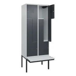 C+P Z-Spind Classic PLUS, 4 Abteile, HxBxT 2.120 x 800 x 815 mm, Zylinderschloss, auskragende Bank aus Kunststoff, lichtgrau, anthrazitgrau