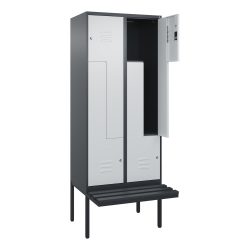 C+P Z-Spind Classic PLUS, 4 Abteile, HxBxT 2.120 x 800 x 815 mm, Zylinderschloss, auskragende Bank aus Kunststoff, anthrazitgrau, lichtgrau