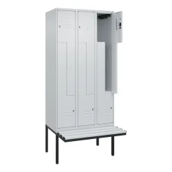 C+P Z-Spind Classic PLUS, 6 Abteile, HxBxT 2.120 x 900 x 815 mm, Zylinderschloss, auskragende Bank aus Kunststoff, lichtgrau, lichtgrau