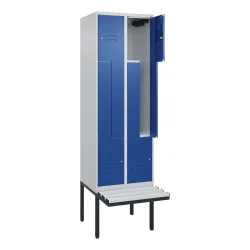 C+P Z-Spind Classic PLUS, 4 Abteile, HxBxT 2.120 x 600 x 815 mm, Zylinderschloss, auskragende Bank aus Kunststoff, lichtgrau, enzianblau