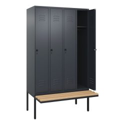 C+P Spind Classic PLUS, 4 Abteile, HxBxT 2.120 x 1.200 x 815 mm, für Vorhängeschloss, auskragende Bank aus Buche, anthrazitgrau, anthrazitgrau