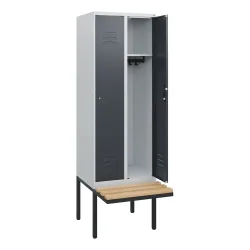 C+P Spind Classic PLUS, 2 Abteile, HxBxT 1.950 x 600 x 815 mm, Zylinderschloss, auskragende Bank aus Buche, lichtgrau, anthrazitgrau
