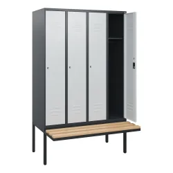 C+P Spind Classic PLUS, 4 Abteile, HxBxT 1.950 x 1.200 x 815 mm, Zylinderschloss, auskragende Bank aus Buche, anthrazitgrau, lichtgrau