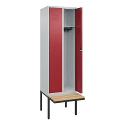 C+P Spind Classic PLUS, 2 Abteile, HxBxT 2.120 x 600 x 815 mm, Zylinderschloss, auskragende Bank aus Buche, lichtgrau, rubinrot