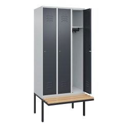 C+P Spind Classic PLUS, 3 Abteile, HxBxT 2.120 x 900 x 815 mm, Zylinderschloss, auskragende Bank aus Buche, lichtgrau, anthrazitgrau