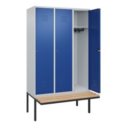 Spind Classic PLUS Sitzbank, 3 Abteile, lichtgrau / enzianblau, B 1200 mm, Zylinderschloss, auskragend, Buche-Hartholz C+P
