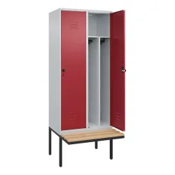 C+P Spind Classic PLUS, 2 Abteile, Trennwand, HxBxT 2.120 x 800 x 815 mm, für Vorhängeschloss, auskragende Bank aus Buche, lichtgrau, rubinrot