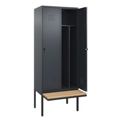 C+P Schwarz-Weiß-Spind Classic PLUS Sitzbank, schmal, 2 Abteile, verkürzte Trennwand mittig, grau, B 800 mm, Sicherheits-Drehriegel, auskragend,