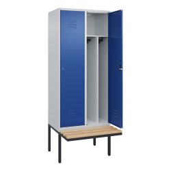 C+P Schwarz-Weiß-Spind Classic PLUS Sitzbank, schmal, 2 Abteile, verkürzte Trennwand mittig, lichtgrau / enzianblau, B 800 mm, Zylinderschloss,