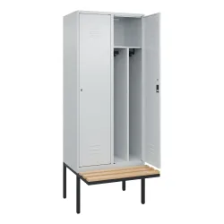 C+P Spind Classic PLUS, 2 Abteile, Trennwand, HxBxT 2.120 x 800 x 815 mm, Zylinderschloss, auskragende Bank aus Buche, lichtgrau, lichtgrau