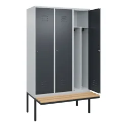 C+P Schwarz-Weiß-Spind Classic PLUS Sitzbank, schmal, 3 Abteile, verkürzte Trennwand mittig, lichtgrau / grau, B 1200 mm, Zylinderschloss, auskragend,