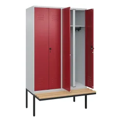 C+P Schwarz-Weiss-Spind Classic PLUS, 4 Abteile, HxBxT 2.120 x 1.200 x 815 mm, für Vorhängeschloss, auskragende Bank aus Buche, lichtgrau, rubinrot