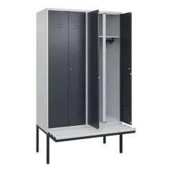 C+P Schwarz-Weiss-Spind Classic PLUS, 4 Abteile, HxBxT 2.120 x 1.200 x 815 mm, Zylinderschloss, auskragende Bank aus Kunststoff, lichtgrau, anthrazitgrau