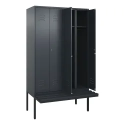 C+P Schwarz-Weiss-Spind Classic PLUS, 4 Abteile, HxBxT 2.120 x 1.200 x 815 mm, Zylinderschloss, auskragende Bank aus Kunststoff, anthrazitgrau, anthrazitgrau