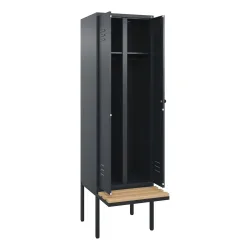 Schwarz-Weiß-Spind Classic PLUS Sitzbank, Trennwand mittig, 1 Abteil, grau, B 600 mm, Sicherheits-Drehriegel, auskragend, Buche-Hartholz C+P