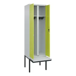 C+P Schwarz-Weiss-Spind Classic PLUS, 2 Abteile, HxBxT 2.120 x 600 x 815 mm, Zylinderschloss, auskragende Bank aus Kunststoff, lichtgrau, clowngrün