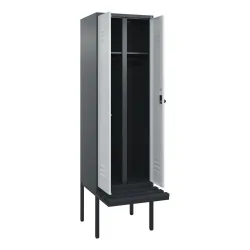 C+P Schwarz-Weiss-Spind Classic PLUS, 2 Abteile, HxBxT 2.120 x 600 x 815 mm, für Vorhängeschloss, auskragende Bank aus Kunststoff, anthrazitgrau, lichtgrau