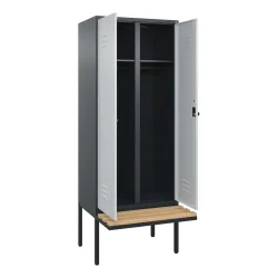 C+P Schwarz-Weiss-Spind Classic PLUS, 2 Abteile, HxBxT 2.120 x 800 x 815 mm, für Vorhängeschloss, auskragende Bank aus Buche, anthrazitgrau, lichtgrau