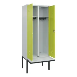 C+P Schwarz-Weiss-Spind Classic PLUS, 2 Abteile, HxBxT 2.120 x 800 x 815 mm, Zylinderschloss, auskragende Bank aus Kunststoff, lichtgrau, clowngrün
