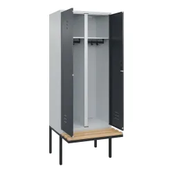 Schwarz-Weiß-Spind Classic PLUS Sitzbank, Trennwand mittig, 1 Abteil, lichtgrau / grau, B 800 mm, Zylinderschloss, auskragend, Buche-Hartholz C+P