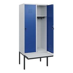 C+P Spind Classic PLUS, 2 Abteile, HxBxT 1.950 x 800 x 815 mm, für Vorhängeschloss, auskragende Bank aus Kunststoff, lichtgrau, enzianblau