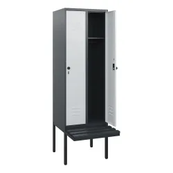 C+P Spind Classic PLUS, 2 Abteile, HxBxT 1.950 x 600 x 815 mm, für Vorhängeschloss, auskragende Bank aus Kunststoff, anthrazitgrau, lichtgrau
