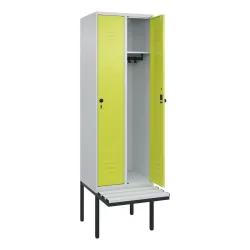 C+P Spind Classic PLUS, 2 Abteile, HxBxT 2.120 x 600 x 815 mm, für Vorhängeschloss, auskragende Bank aus Kunststoff, lichtgrau, clowngrün