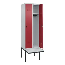 C+P Spind Classic PLUS, 2 Abteile, HxBxT 2.120 x 600 x 815 mm, für Vorhängeschloss, auskragende Bank aus Kunststoff, lichtgrau, rubinrot