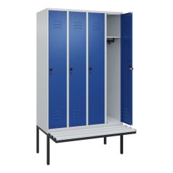 C+P Spind Classic PLUS, 4 Abteile, HxBxT 2.120 x 1.200 x 815 mm, für Vorhängeschloss, auskragende Bank aus Kunststoff, lichtgrau, enzianblau