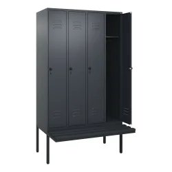 C+P Spind Classic PLUS, 4 Abteile, HxBxT 2.120 x 1.200 x 815 mm, für Vorhängeschloss, auskragende Bank aus Kunststoff, anthrazitgrau, anthrazitgrau