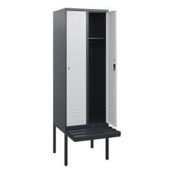 C+P Spind Classic PLUS, 2 Abteile, HxBxT 1.950 x 600 x 815 mm, Zylinderschloss, auskragende Bank aus Kunststoff, anthrazitgrau, lichtgrau