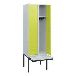 C+P Spind Classic PLUS, 2 Abteile, HxBxT 1.950 x 600 x 815 mm, Zylinderschloss, auskragende Bank aus Kunststoff, lichtgrau, clowngrün