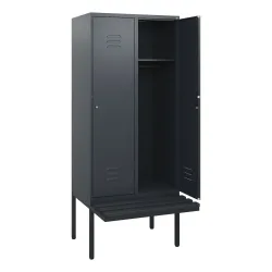 C+P Spind Classic PLUS, 2 Abteile, HxBxT 1.950 x 800 x 815 mm, Zylinderschloss, auskragende Bank aus Kunststoff, anthrazitgrau, anthrazitgrau