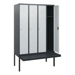 C+P Spind Classic PLUS, 4 Abteile, HxBxT 1.950 x 1.200 x 815 mm, Zylinderschloss, auskragende Bank aus Kunststoff, anthrazitgrau, lichtgrau