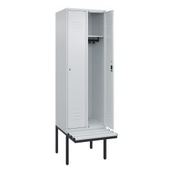 C+P Spind Classic PLUS, 2 Abteile, HxBxT 2.120 x 600 x 815 mm, Zylinderschloss, auskragende Bank aus Kunststoff, lichtgrau, lichtgrau