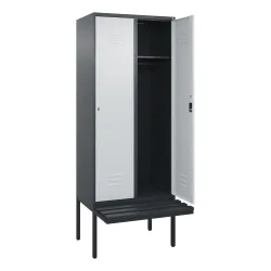 C+P Spind Classic PLUS, 2 Abteile, HxBxT 2.120 x 800 x 815 mm, Zylinderschloss, auskragende Bank aus Kunststoff, anthrazitgrau, lichtgrau