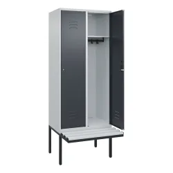 C+P Spind Classic PLUS, 2 Abteile, HxBxT 2.120 x 800 x 815 mm, Zylinderschloss, auskragende Bank aus Kunststoff, lichtgrau, anthrazitgrau