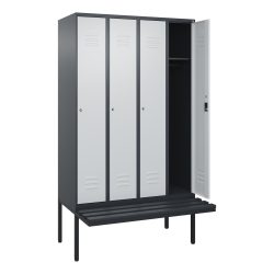C+P Spind Classic PLUS, 4 Abteile, HxBxT 2.120 x 1.200 x 815 mm, Zylinderschloss, auskragende Bank aus Kunststoff, anthrazitgrau, lichtgrau