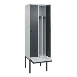 C+P Spind Classic PLUS, 2 Abteile, Trennwand, HxBxT 2.120 x 600 x 815 mm, für Vorhängeschloss, auskragende Bank aus Kunststoff, lichtgrau, anthrazitgrau