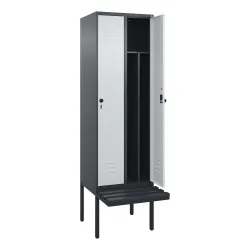 C+P Spind Classic PLUS, 2 Abteile, Trennwand, HxBxT 2.120 x 600 x 815 mm, für Vorhängeschloss, auskragende Bank aus Kunststoff, anthrazitgrau, lichtgrau