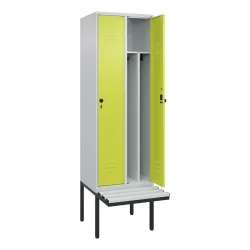 C+P Spind Classic PLUS, 2 Abteile, Trennwand, HxBxT 2.120 x 600 x 815 mm, für Vorhängeschloss, auskragende Bank aus Kunststoff, lichtgrau, clowngrün
