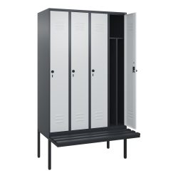 C+P Spind Classic PLUS, 4 Abteile, Trennwand, HxBxT 2.120 x 1.200 x 815 mm, für Vorhängeschloss, auskragende Bank aus Kunststoff, anthrazitgrau, lichtgrau