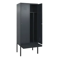 C+P Spind Classic PLUS, 2 Abteile, Trennwand, HxBxT 2.120 x 800 x 815 mm, Zylinderschloss, auskragende Bank aus Kunststoff, anthrazitgrau, anthrazitgrau