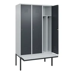 C+P Spind Classic PLUS, 3 Abteile, Trennwand, HxBxT 2.120 x 1.200 x 815 mm, Zylinderschloss, auskragende Bank aus Kunststoff, lichtgrau, anthrazitgrau