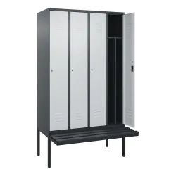 C+P Spind Classic PLUS, 4 Abteile, Trennwand, HxBxT 2.120 x 1.200 x 815 mm, Zylinderschloss, auskragende Bank aus Kunststoff, anthrazitgrau, lichtgrau