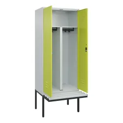 C+P PSA Doppel-Spind Classic PLUS, 2 Abteile, HxBxT 2.120 x 800 x 815 mm, Zylinderschloss, auskragende Bank aus Kunststoff, lichtgrau, clowngrün