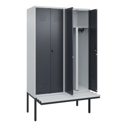 C+P PSA Doppel-Spind Classic PLUS, 4 Abteile, HxBxT 2.120 x 1.200 x 815 mm, Zylinderschloss, auskragende Bank aus Kunststoff, lichtgrau, anthrazitgrau