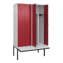 C+P PSA Doppel-Spind Classic PLUS, 4 Abteile, HxBxT 2.120 x 1.200 x 815 mm, für Vorhängeschloss, auskragende Bank aus Kunststoff, lichtgrau, rubinrot